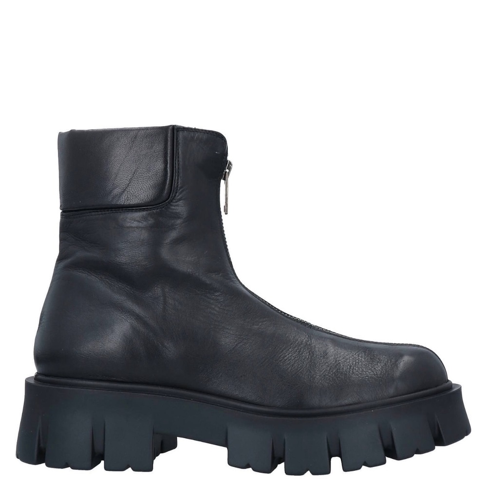 Mint UNLACE Black Calfskin Nappa Leather Combat Lug Sole Front Zip Ankle Boots 5